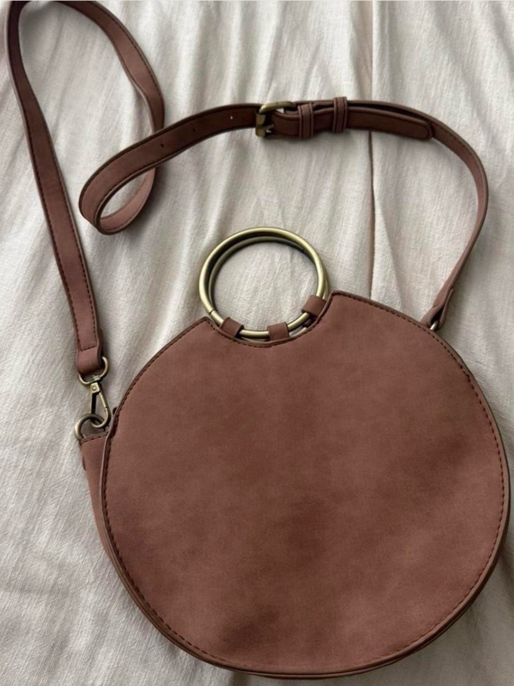Anthropologie Round Suede Crossbody Bag in Mauve Brown with Gold Ring